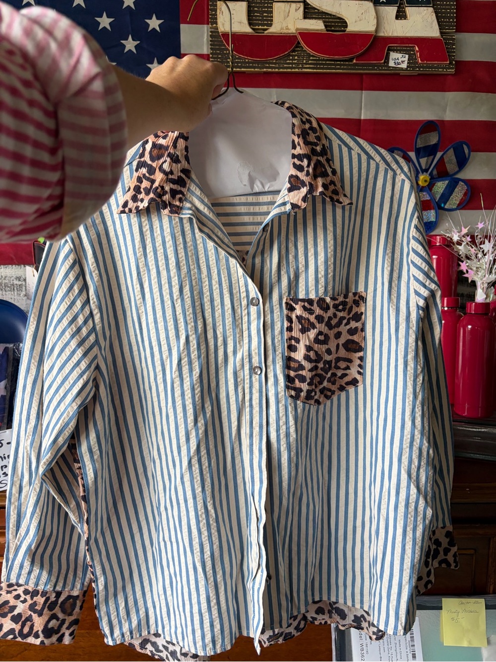 entro Leopard Print Trim Button-Up in Blue and White Stripe